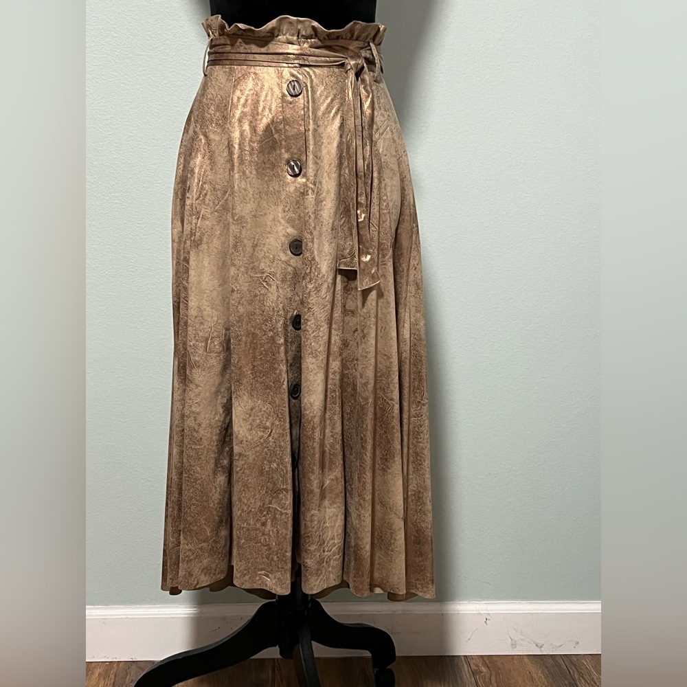 Zara Basic Metallic Gold Button Front Belted Faux… - image 3